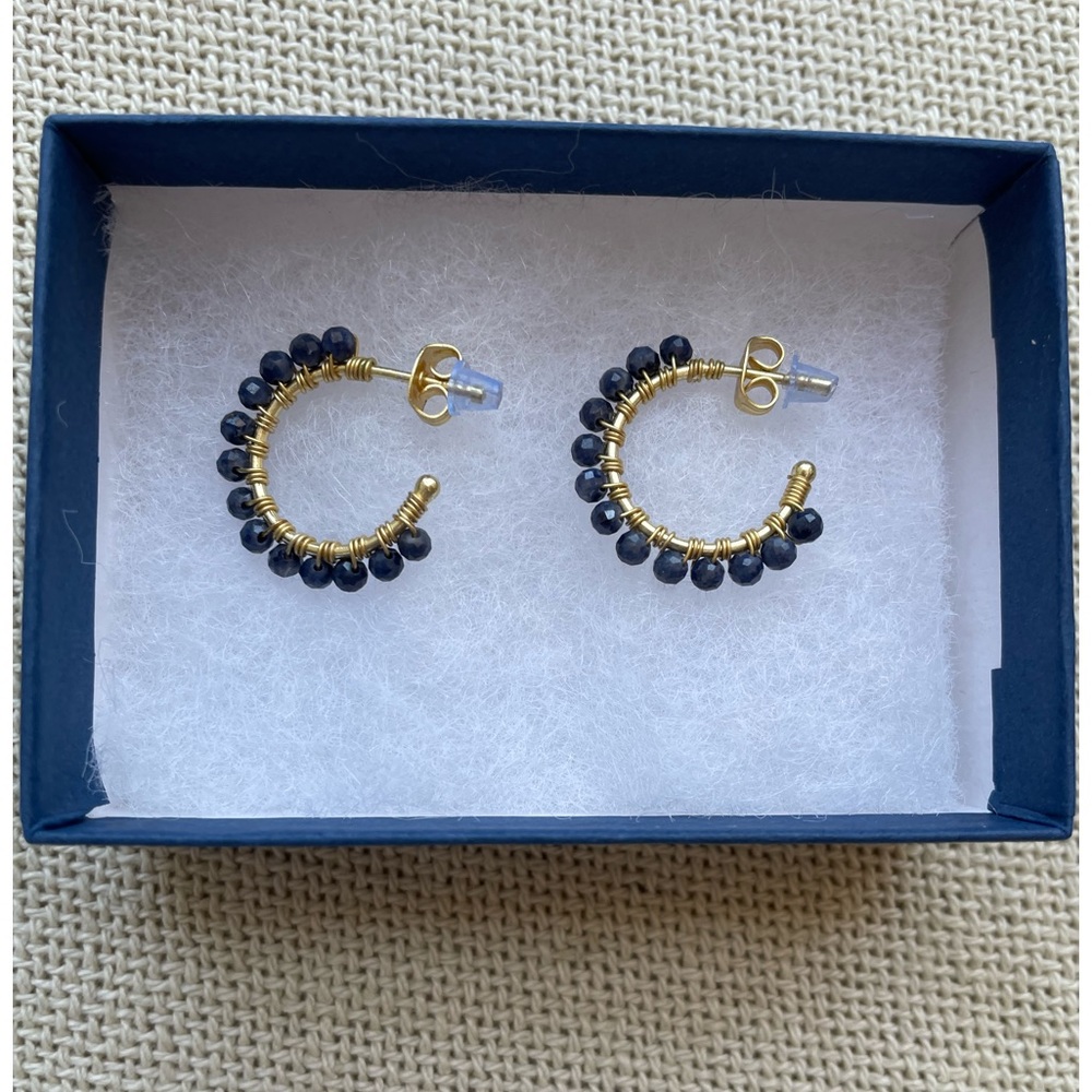 18k gold plated blue lapis hoop earrings; 2cm